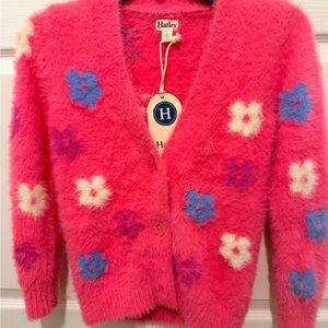Hatley Pink Fuzzy Cardigan with Blue Floral Design